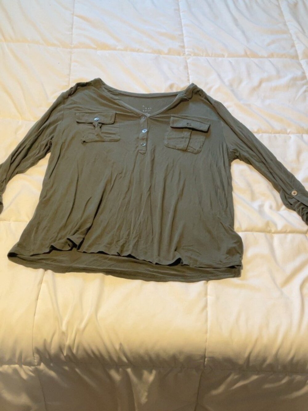 A New Day Olive Green Roll Tab Sleeve Henley Top XL